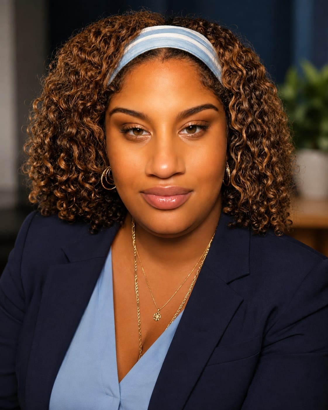 Karla E. Marmolejos, LCSW, founder of Dare To Flourish, photographed in a navy blazer against a softly lit interior.